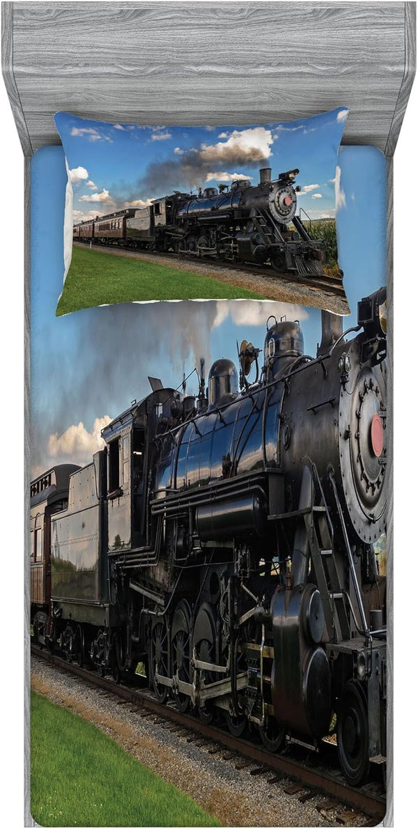 Ambesonne Steam Engine Bedding Set with Sheet & Covers, Vintage Locomotive in