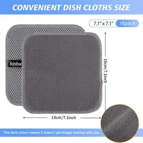 7inchx7inch 18 Pack) KinHwa Kitchen Washcloths for Dishes Absorbent Microfiber Dish Cloths Quick Dry Dish Rags