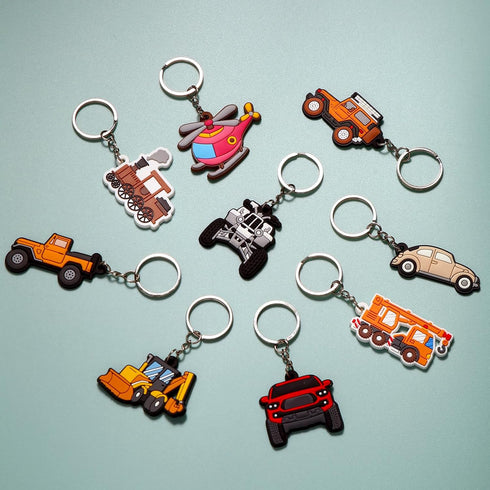 Gala Glow 17 Pack Set, Car Keychain Cartoon Vehcile Train Airplane Silicone Keyrings for Kids, Bulk Party Favors