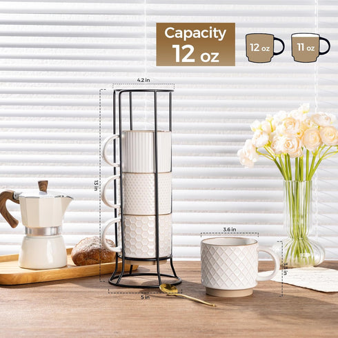 12OZ Set 4 GBhome Stackable Coffee Mugs with Stand, Ceramic Coffee Mugs with Texture Patterns for Man,Woman,Dad,Mom