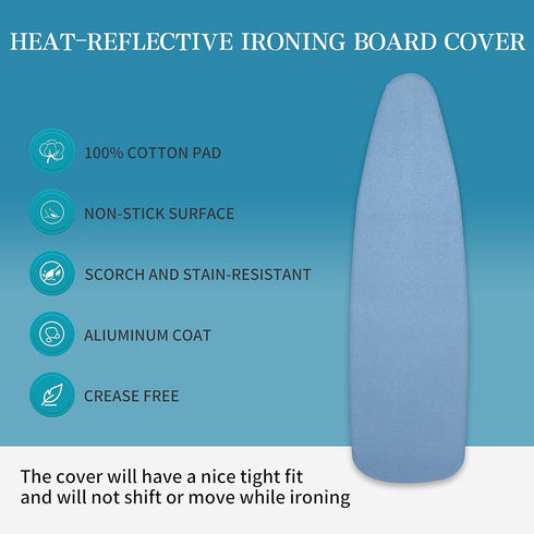 Ironing Board Cover and Pad - 100% Cotton Cover with Padding, Standard Size with Aluminum Coating, 54"x15" Blue