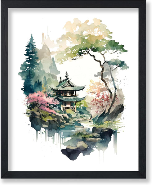 Japanese House Poster - Poster Master - Watercolor Art - Japanese Lakehouse Print - 8x10 UNFRAMED Wall Art