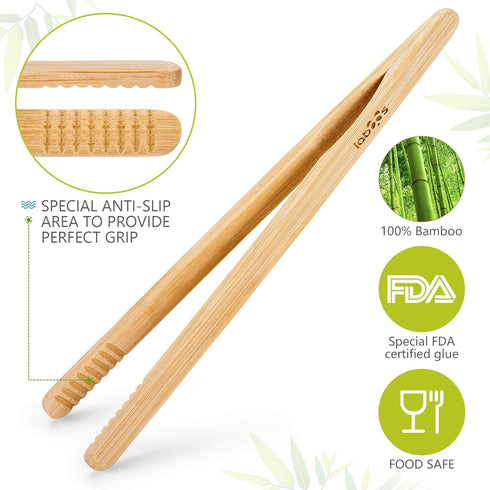 Reusable Classic Bamboo Toast Tongs - Wood Cooking Tong, Ideal for Toaster, Fruits, Bread, Set of 2
