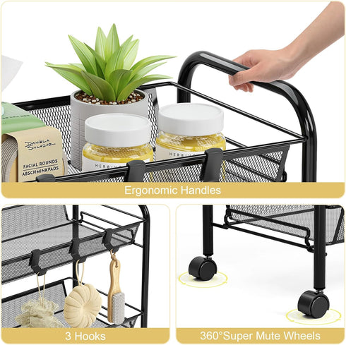 3-Tier 3 TOOLF Metal Rolling Cart, Mesh Wire Easy Assemble Utility Cart, Storage Trolley on Wheels with Hooks