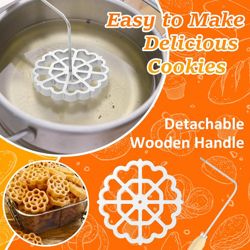 Bunuelos Mold, Aluminum Cookie Maker with Wooden Handle, Detachable Rosette Iron Molds Set for Kitchen Baking