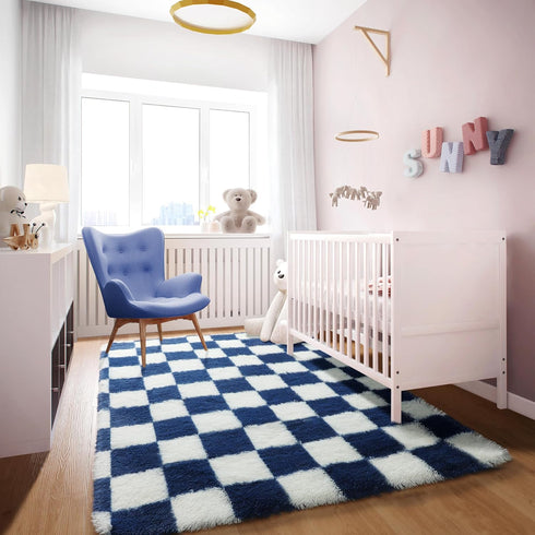KICMOR 4x6 Navy Blue and Cream White Rugs for Living Room, Fluffy Fuzzy Shag Checkered Rug Shaggy Carpet for Bedroom