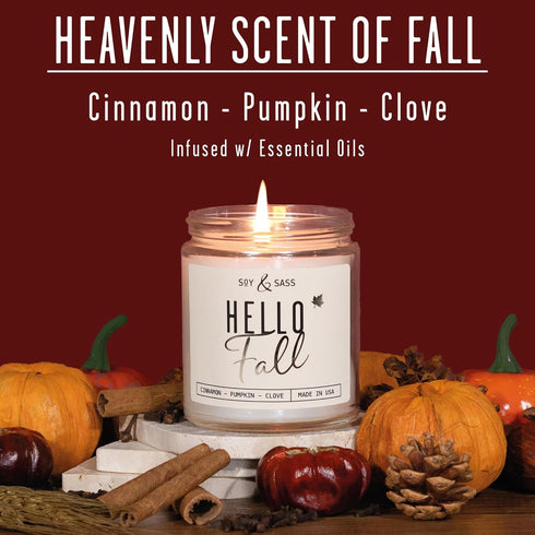Fall Candles - 'Hello Fall' Fall Candle w/Cinnamon, Spice & Pumpkin Candle I Infused with Essential Oils I Autumn Fall Scented Candles I Pumpkin Spice Candle I 9oz Jar I 50Hr Burn I Made in USA