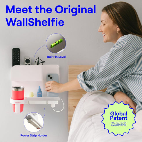 WallShelfie Bedside Wall Organizer & Dorm Decor - Dorm Room Essential, Floating Bedside Shelf Wall Mount Organizer