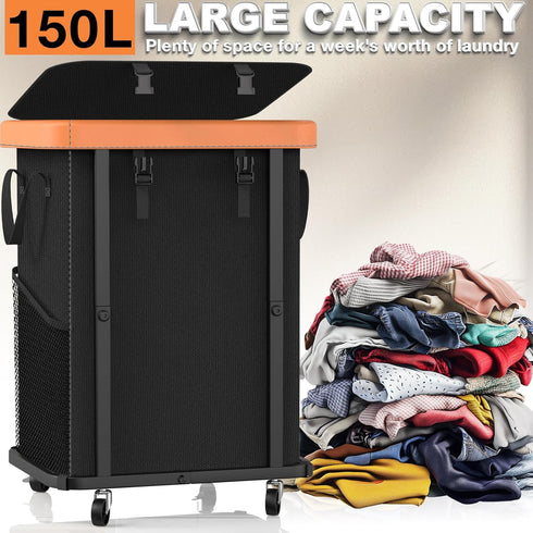 150L (40 Gal) Large Fashion Laundry Basket with Wheels, Leather Patchwork Rolling Hamper Carts, Sturdy Metal Frame