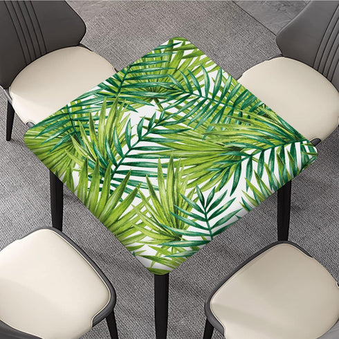 RenteriaDecor Summer 42"x42" Square Palm Leaves Fitted Tablecloths, Watercolor Tropical Plant Leaf Print Elastic Edged
