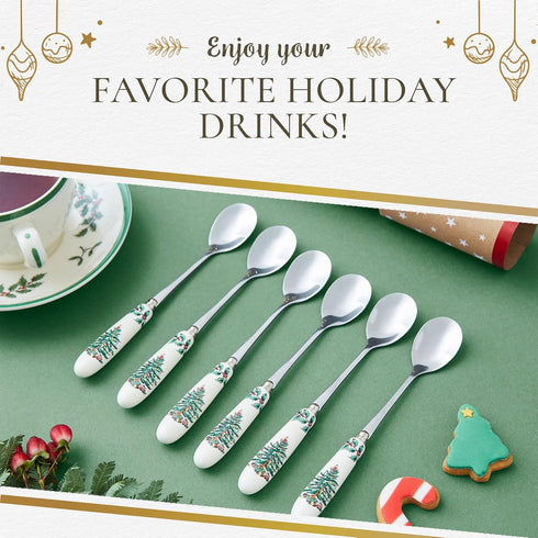 Spode Christmas Tree Teaspoons Set of 6, 6-Inch Stainless Steel Holiday Silverware with Porcelain Handles