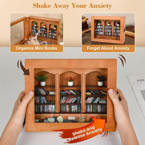 Pawnoc 200 1 3 1 Anxiety Bookshelf with Mini Books, Mini Library Decor, Shake Away Your Anxiety, Includes Bookshelf