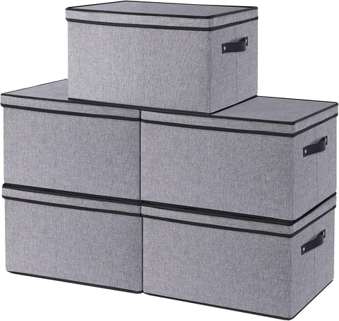 Fabric Storage Boxes, 7.1 x 9.1 x 13 Inch Bins with Lids, Decorative Linen Closet Organizers with Handles, Small, Gray