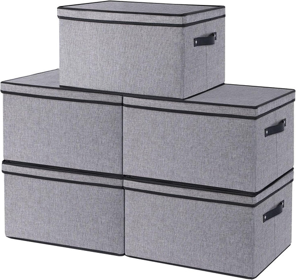 Fabric Storage Boxes, 7.1 x 9.1 x 13 Inch Bins with Lids, Decorative Linen Closet Organizers with Handles, Small, Gray
