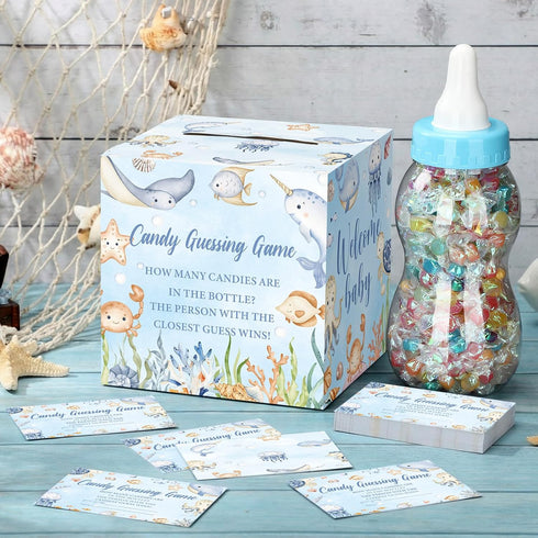 52 Sets Glenmal Pcs Under The Sea Baby Shower Games Gift Large Baby Bottle for Shower Game Guess How Many Candies