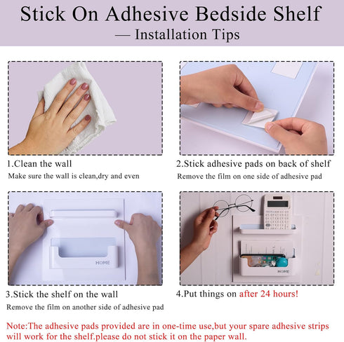 Bedside Shelf Organizer, Adhesive Wall Mounted Holder for Phone, Glasses, Remote Control - White, Good for Home,