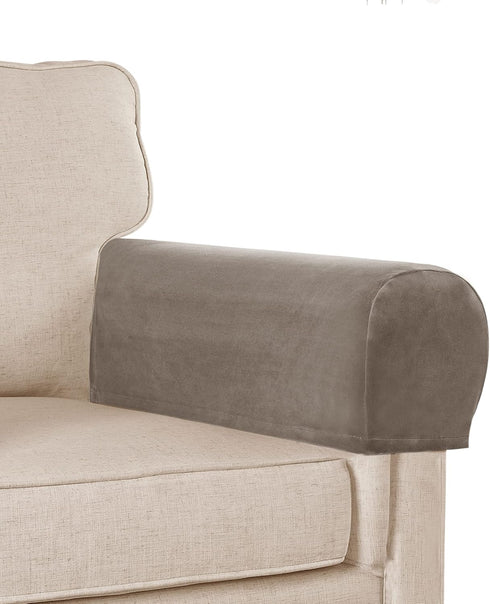 Sofa Arm Covers Stretch Velvet Plush Anti-Slip Protector for Couch Armrest, Set of 4, Taupe