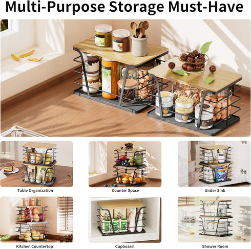 2 Pack Potato and Onion Storage Bins, Stackable Kitchen and Pantry Organizer with Bamboo Top & Lightweight PP Mat