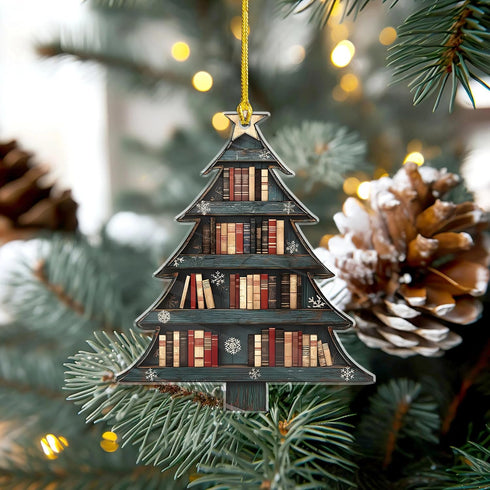 NGHYANNA 4 Inch NGHYANA Wooden Christmas Tree Ornament with Bookshelf Design Hanging Decoration