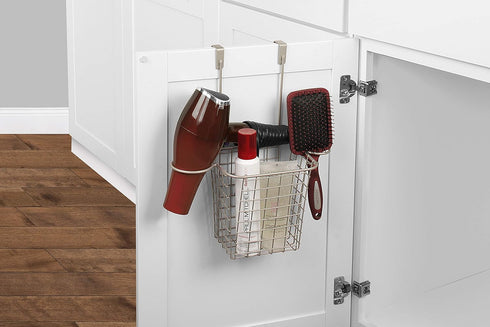 Spectrum Grid Tall Bathroom & Under Sink Organizer, Satin Nickel - Over the Cabinet Styling Station for Hair Dryer,