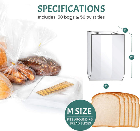 50 Pack 6 3 15) Reusable Plastic Bread Bags for Homemade - Clear Bag with Ties For An Airtight Moisture-free
