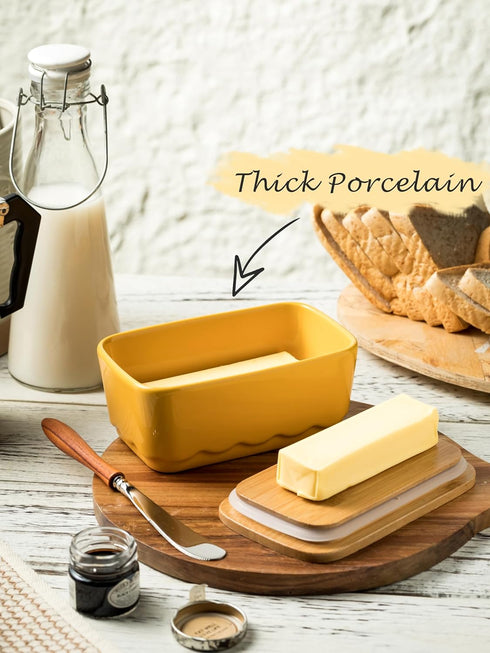 Covered Butter Dish with Lid, Large Yellow Butter Holder for Countertop, Airtight Seal Container for East West Coast