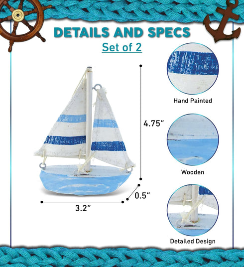 Sailboat 4.75 Inches Puzzled COTA Global Light Blue Stripes Extra Small Decor Handmade Wooden Boat Decor, Cute Beach