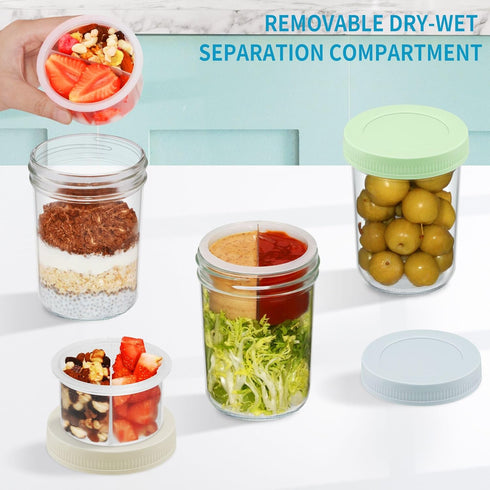 16 oz 6-Pack Xyptorix Overnight Oats Containers with Airtight Lids - Leak-Proof Wide Mouth Mason Jars & Divided Cups