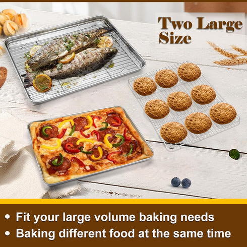 P&P CHEF Set of 2 Baking Sheets with Racks, Stainless Steel Cookie Sheet & Cooling Rack, 2 Sizes (16” + 12.5”)
