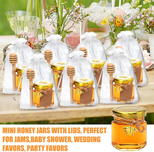 XING-RUIYANG 60 pack 1.5 oz Mini Honey Jarsbaby shower favors,There's honey sticks, bee pendants, stickers and gold