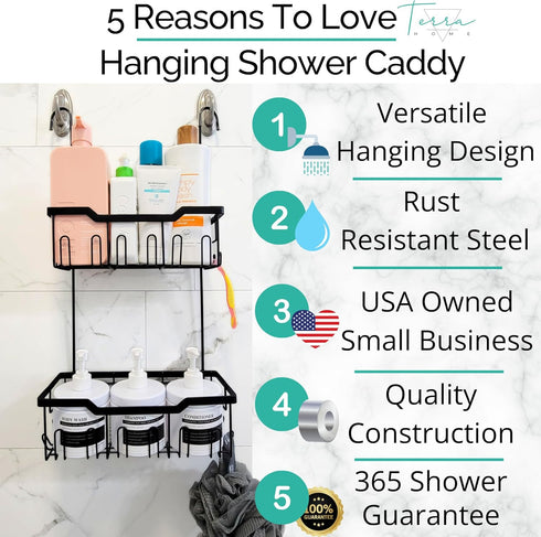 Black Shower Caddy Hanging, Rust-Proof 304 Stainless Steel with Rotatable Hooks for Bathroom Essentials