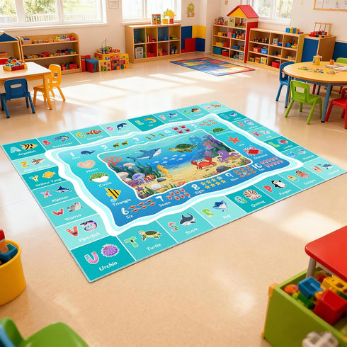 5x7ft ABC Kids Ocean Rug for Playroom, Alphabet Classroom Rug, Educational Kids Play Mat with Number Shape Animal