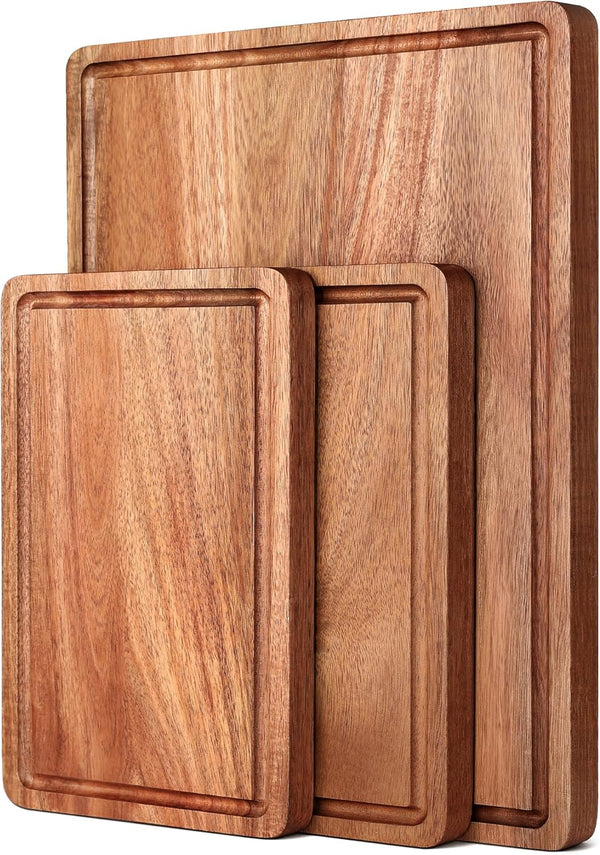 BETOLEAN Acacia Wood Cutting Boards Set with Juice Groove & Handles for Kitchen