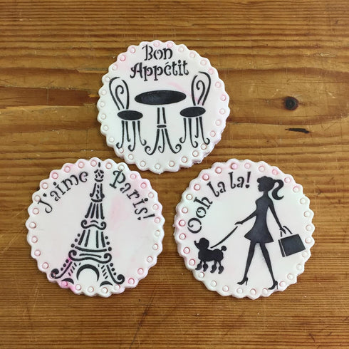 Designer Stencils I Love Paris Cookie Stencil Set, Beige/Semi-Transparent, fits 3 inch circle