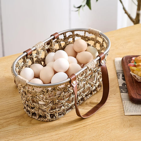 Farmhouse Seagrass Egg Baskets for Collecting Fresh Eggs Handmade Egg Collecting Basket Wicker Oval Storage Basket