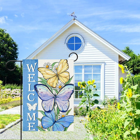 Welcome Spring Summer Butterfly Decorative Garden Flag, Daisy Flowers Floral Blue, Double Sided 12 x 18.
