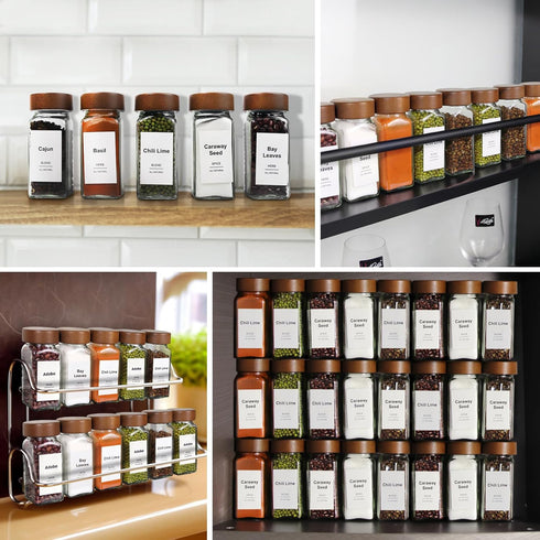 24 4oz Pcs Spice Jars, Seasoning Containers with Acacia Wood Shaker Lids, Glass Spice Bottles with Labels, Square