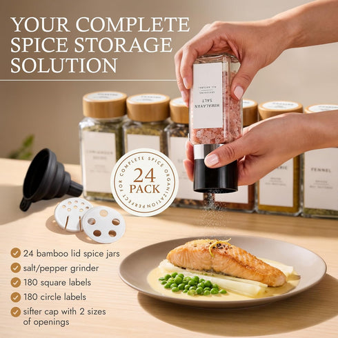 360 -24 4oz- Glass Spice Jars with Labels pcs- Spice Containers with Bamboo Lids -Shaker Lids- Pepper Grinder-Spice