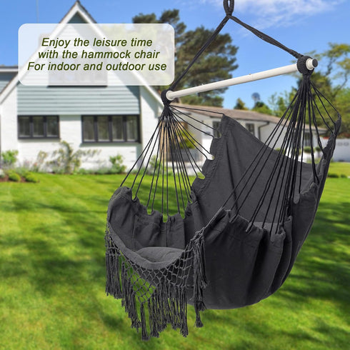 Hammock 2 Chair, Hanging Rope Swing Seat with Cushions,Macrame Hanging Chair Side Pocket with High Load-Bearing Metal