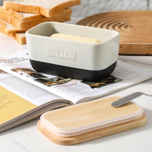 Countertop, 6 3.5 2.7) HVH Ceramic Butter Dish with Lid for Airtight Butter Keeper with Wooden Lid, Butter Holder