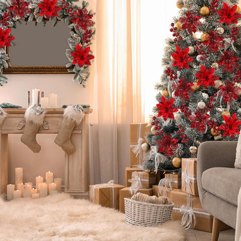 60 6 Poinsettia Pcs Silver Styles Christmas Artificial Flowers with Glitter Berries Stems Tree Picks for Christmas Tree