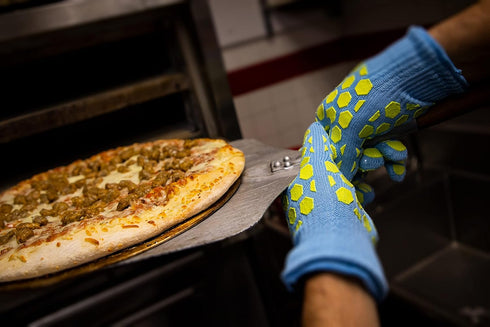J H Heat Resistant Oven Gloves, EN407 Certified 932 °F, Sky-Blue Shell with Yellow Silicone Coating