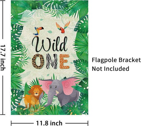 Wild One Garden Flag 12 x 18 Inch Double Sided, Happy 1st Birthday Zoo Theme Outdoor Banner for Party Decor