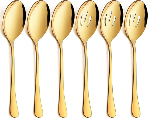 LIANYU 6 Pack Large Gold Serving Spoons Set, 9.8 Inch Stainless Steel Utensils for Party Buffet Dinner, 3 Gold Spoons &