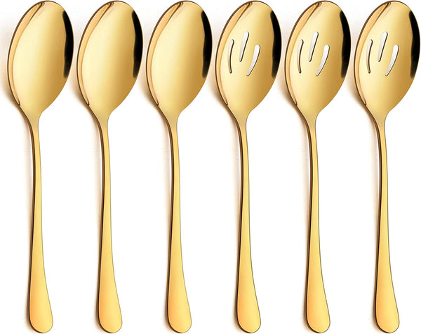LIANYU 6 Pack Large Gold Serving Spoons Set, 9.8 Inch Stainless Steel Utensils for Party Buffet Dinner, 3 Gold Spoons &