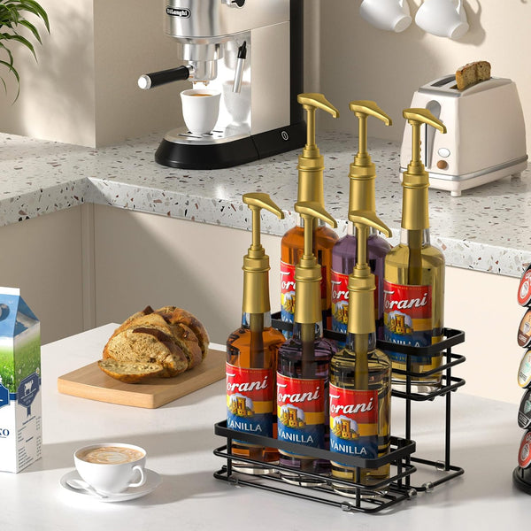 Coffee Syrup Rack Organizer - 2-Tier Stand for 6 Bottles Storage on Kitchen Countertop (Black)