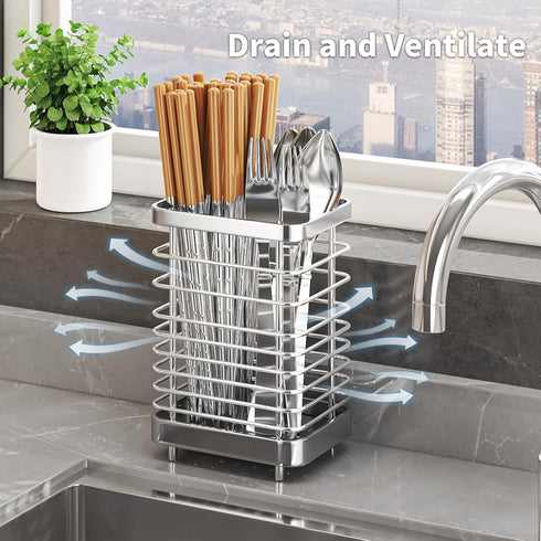 Kitchen Utensil Drying Rack - 304 Stainless Steel Drainer Basket for Flatware Storage on Kitchen Counter