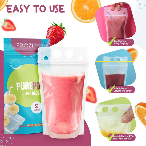 FROZIP 100pcs 16oz x100 Drink Pouches for Adults - Drink Pouches with Straws & Funnel - Resealable Smoothie Pouches