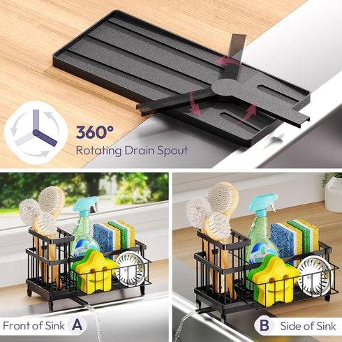 360Auto-Drain Countertop SWTYMIKI Sink Caddy Sponge Holder - Large Sponge Holder for Kitchen Sink with Tray, Rustproof