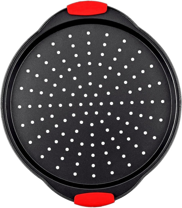 Round Pizza Pan with Holes, Non-Stick Carbon Steel Pizza Tray for Oven Cooking, Baking, Grilling, Dishwasher Safe